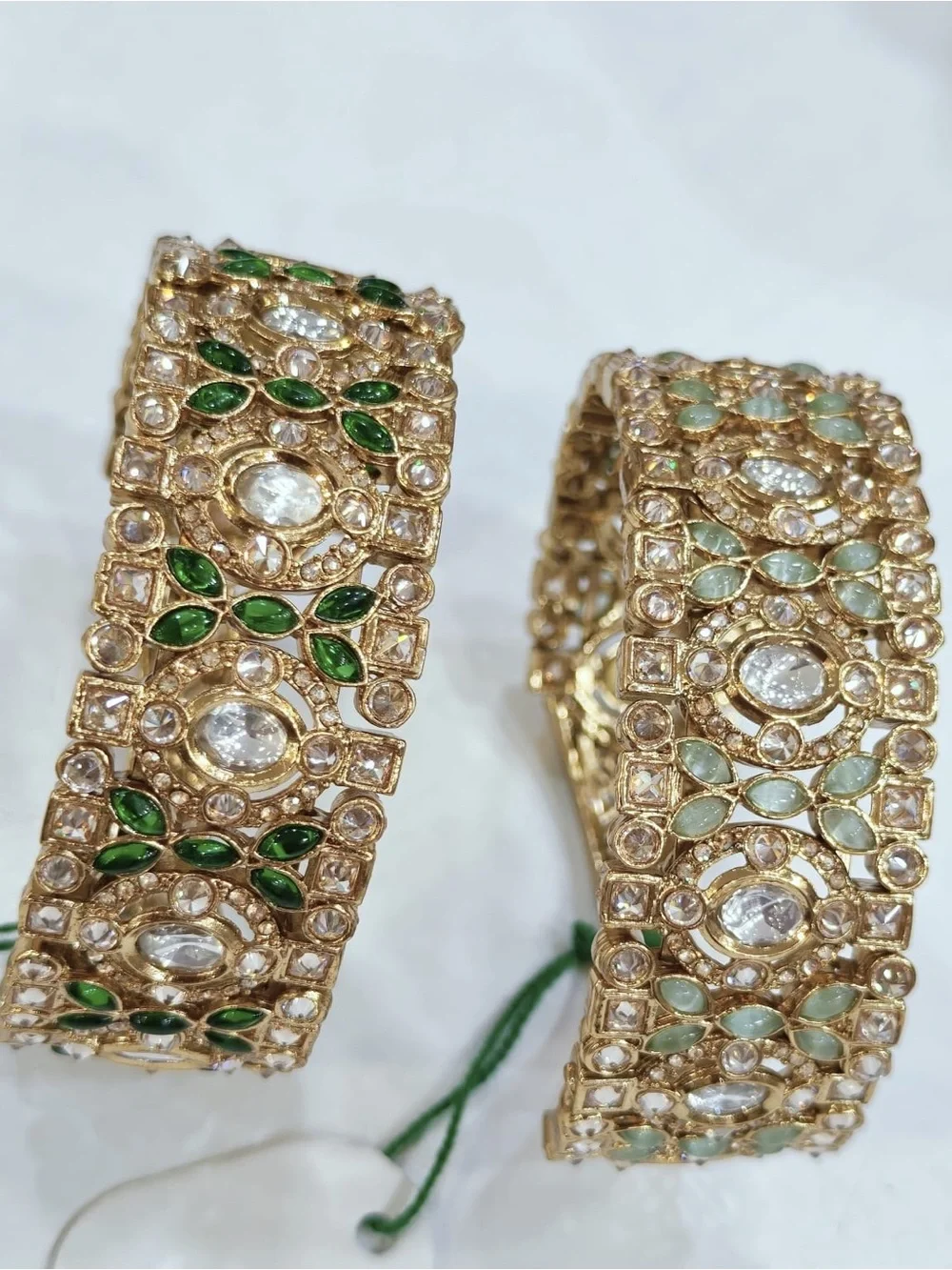 Gold-Tone Kundan Cuff Bracelet with Green and White Stones
